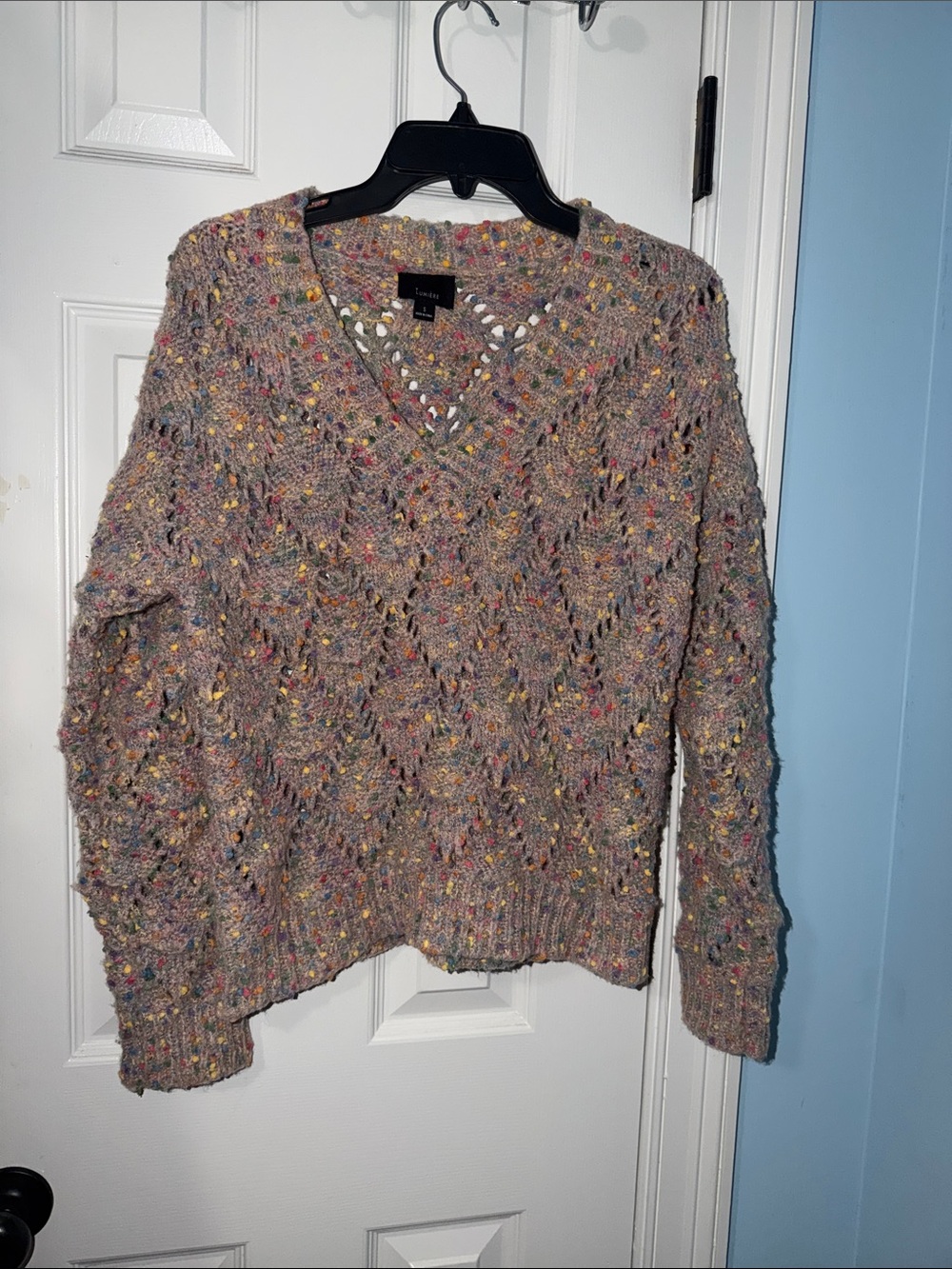 Lumiere Pink Taupe Multicolor Speckled Open-Knit V-Neck Sweater